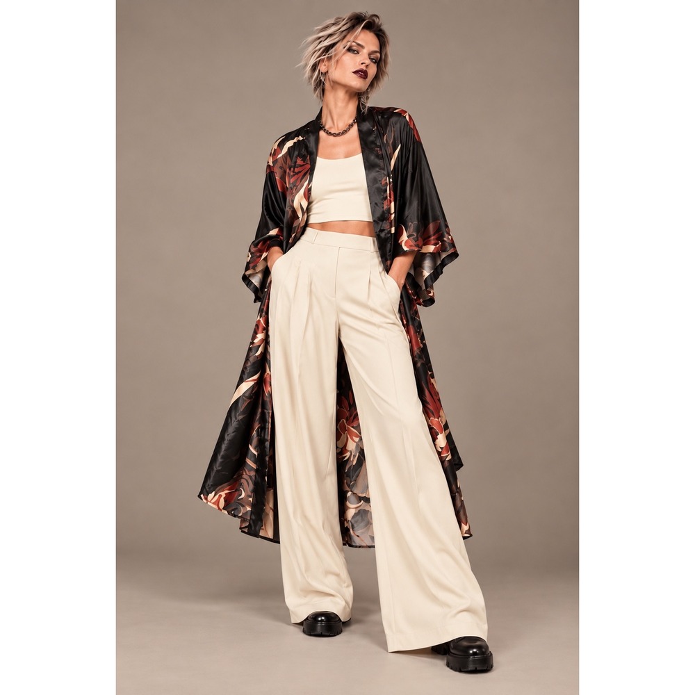 Kim + Ono One Size Black Red Abstract Floral Kimono